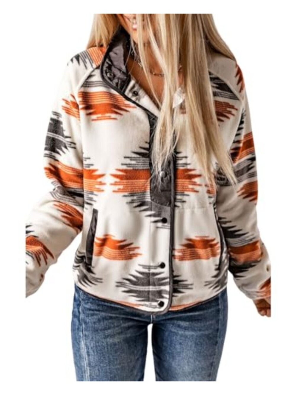 Womens Fleece Jacket Aztec Western Snap Button Down Shacket with Pockets